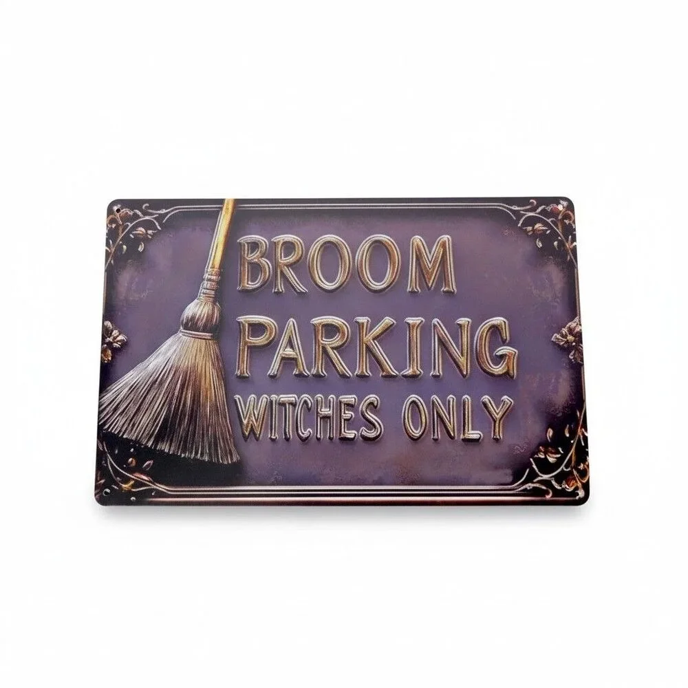 Broom Parking Witches Only Metal Sign - 12x8 Purple Gold - New